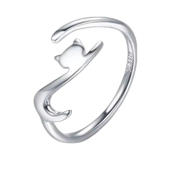 925 Sterling Silver Platinum Plated Cat Ring - Picture 1 of 5